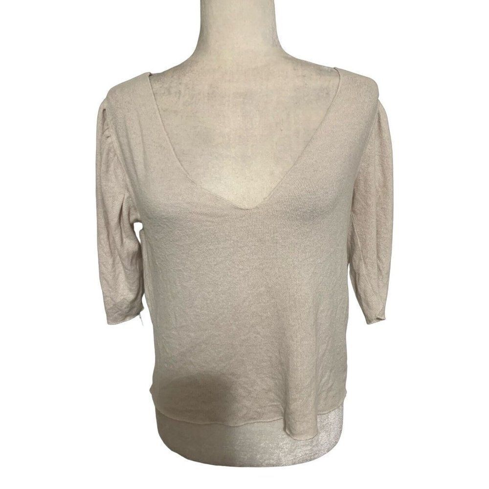 zara womens solid beige short sleeve v neck sweater top small